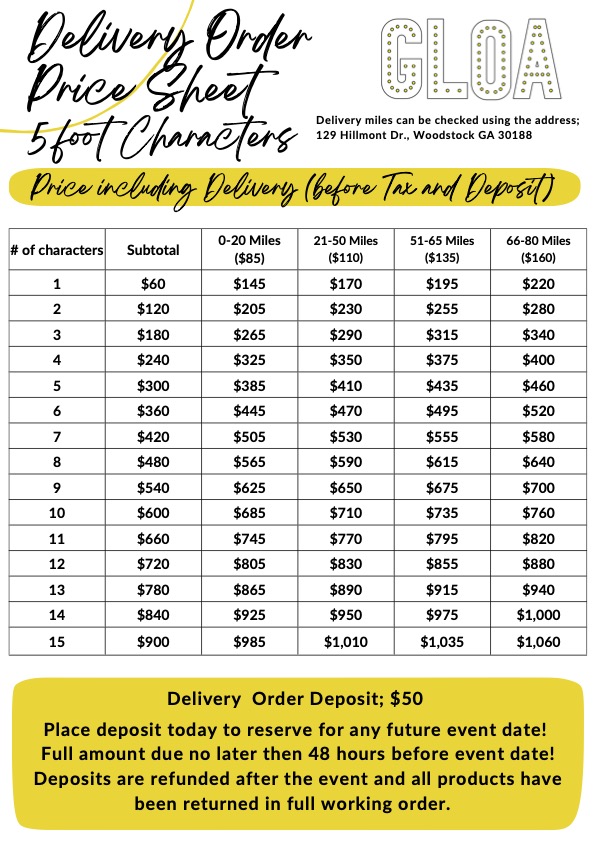 Giant Letters of Atlanta Product and Pricing Sheet
